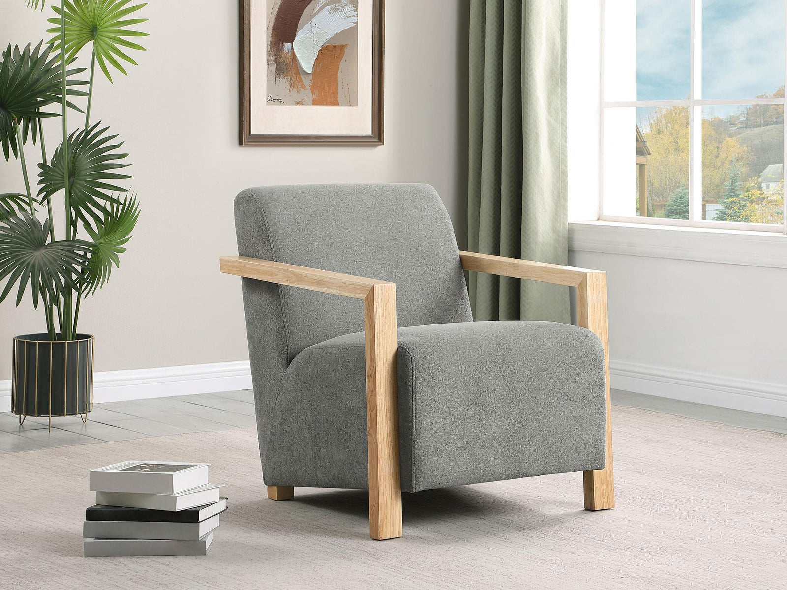 DIEGO BUNK BED Diego Upholstered Accent Arm Chair with Wood Arms Grey 902269 - Ella Furniture