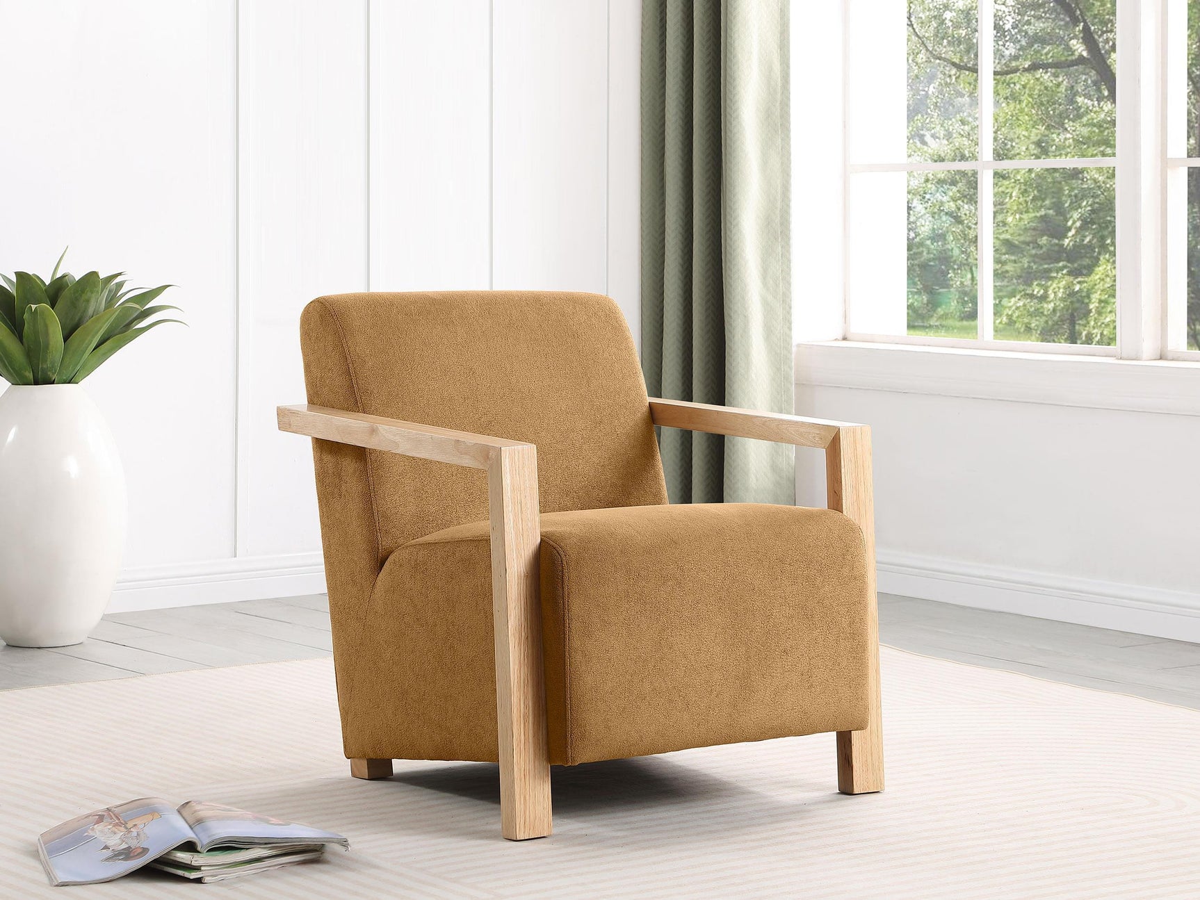 DIEGO BUNK BED Diego Upholstered Accent Arm Chair with Wood Arms Honey 902268 - Ella Furniture