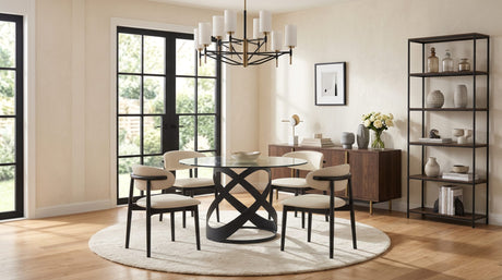 Dimi 5-Piece Dining Set with Clear Glass Table and Black Iron Infinity Base from Ella Furniture