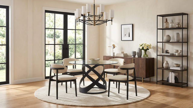 Dimi 5-Piece Dining Set with Clear Glass Table and Black Iron Infinity Base from Ella Furniture