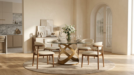 Dimi 5-Piece Dining Set with Clear Glass Table and Bronze Infinity-Loop Base from Ella Furniture