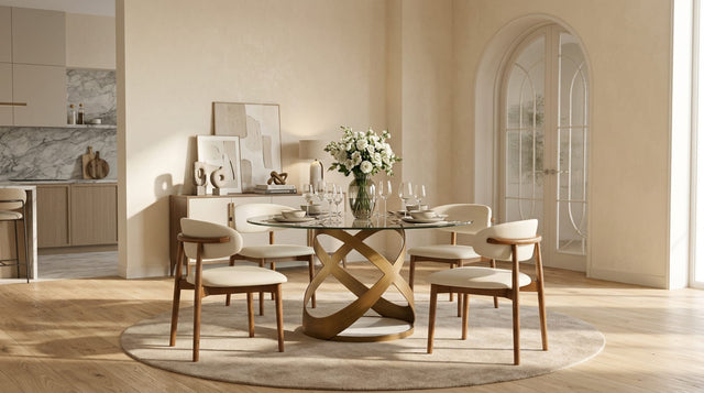 Dimi 5-Piece Dining Set with Clear Glass Table and Bronze Infinity-Loop Base from Ella Furniture