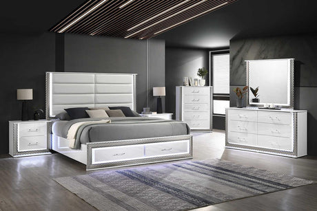 Dina White LED Upholstered Storage Bedroom Set - Ella Furniture