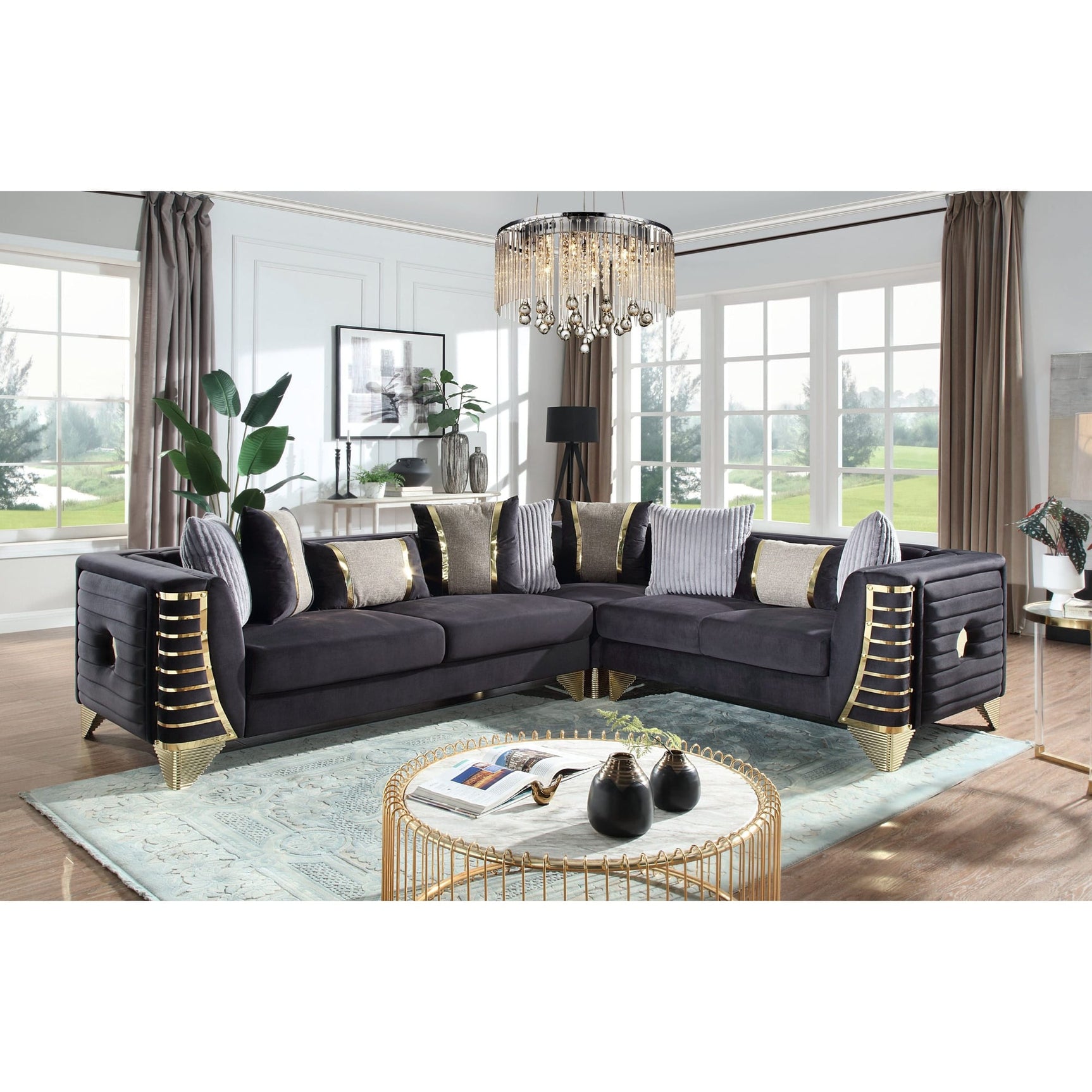 Donovan Black Velvet Sectional Sofa with Metal Legs from Ella Furniture