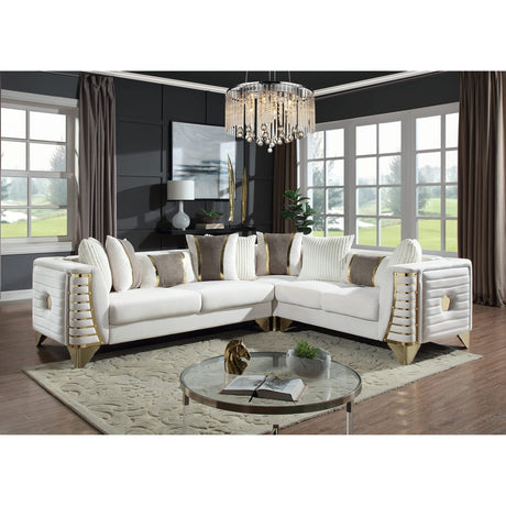 Donovan Cream Velvet Sectional Sofa with Metal Legs and Pillows from Ella Furniture