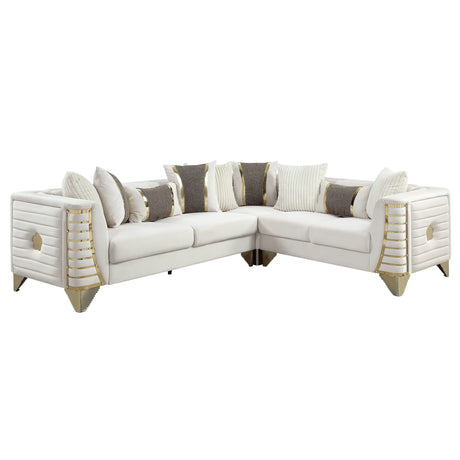 Donovan Cream Velvet Sectional Sofa with Metal Legs and Pillows view 4