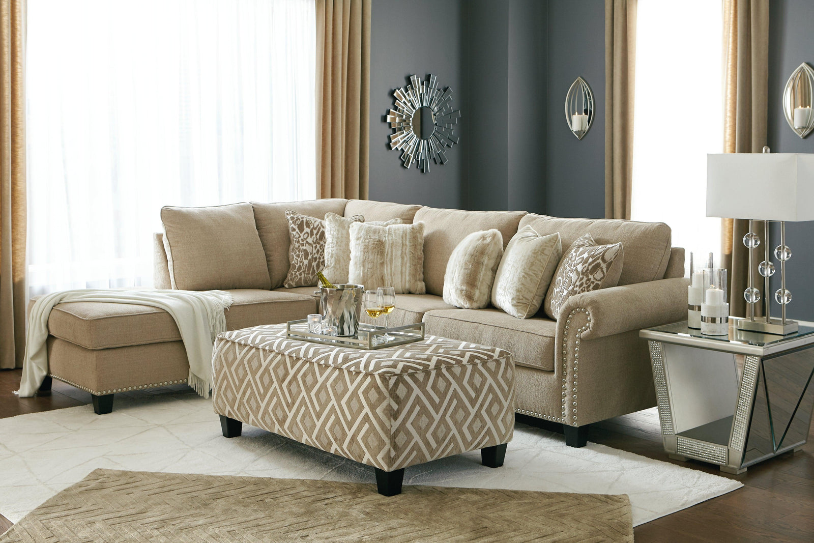 Dovemont Putty 2-Piece Sectional With Ottoman - Ella Furniture