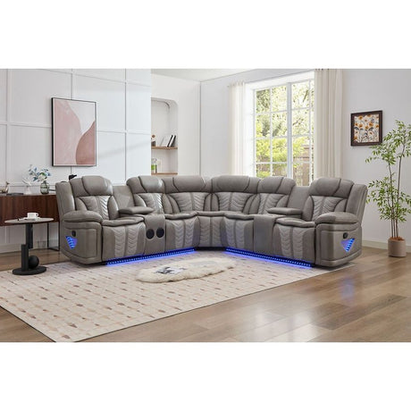Innova Grey Air Leather Reclining Sectional with Bluetooth and Multi-Color LED Lights from Ella Furniture