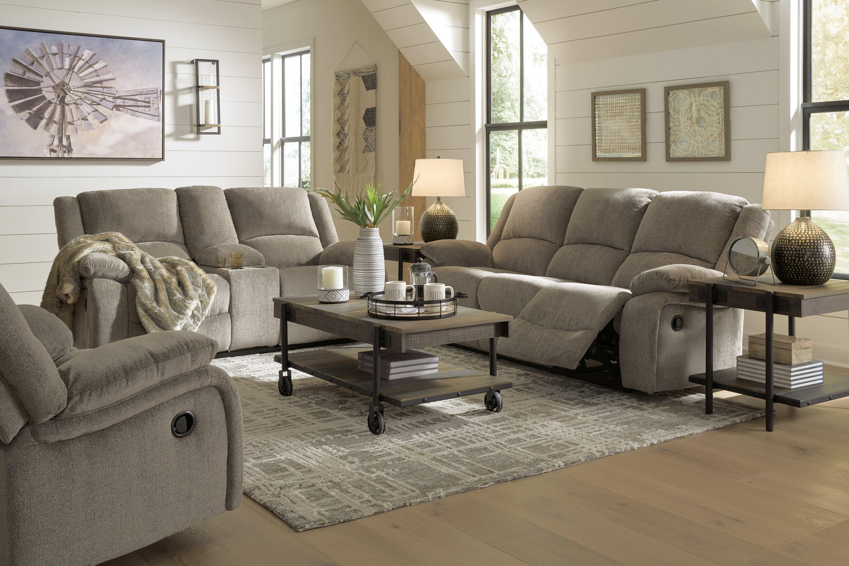 Draycoll Pewter Sofa, Loveseat And Recliner - Ella Furniture