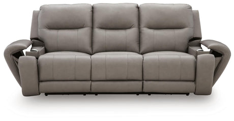 Real Moments Ash Leather Power Reclining Sofa with Audio Seating — front view