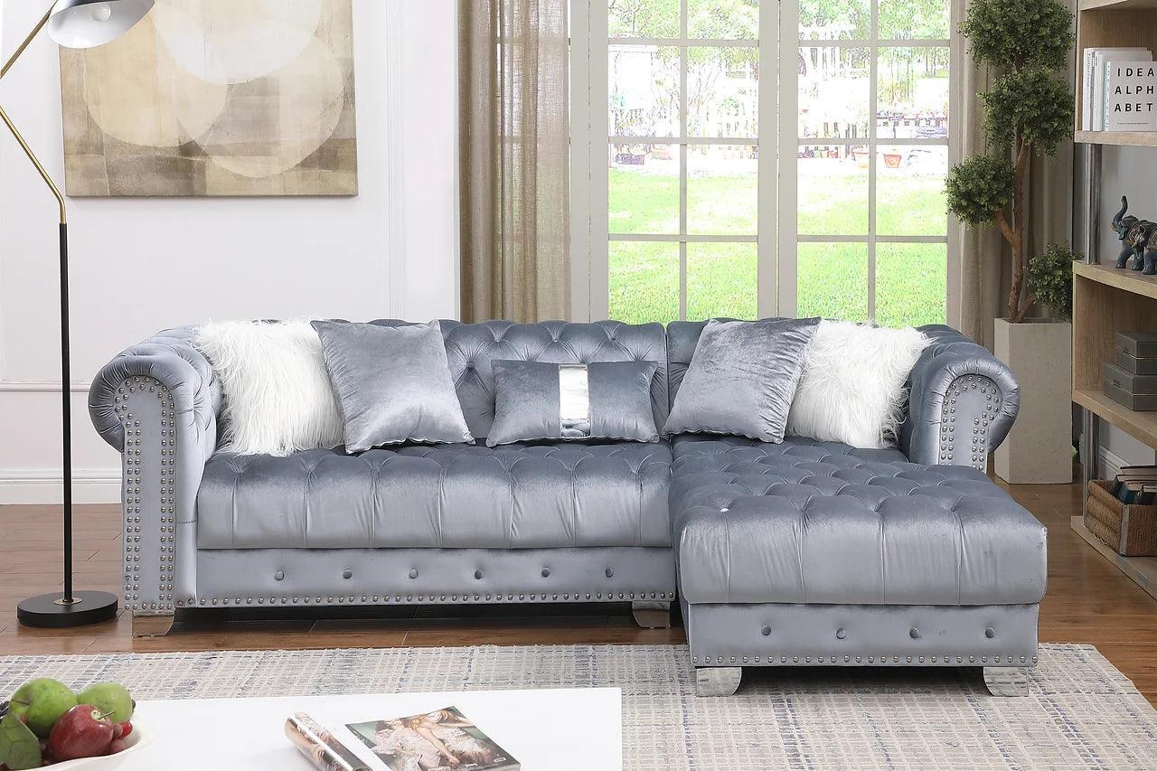 Yaz Grey Modern Contemporary Wood, Engineered Wood Velvet Tufted Sectional - Ella Furniture