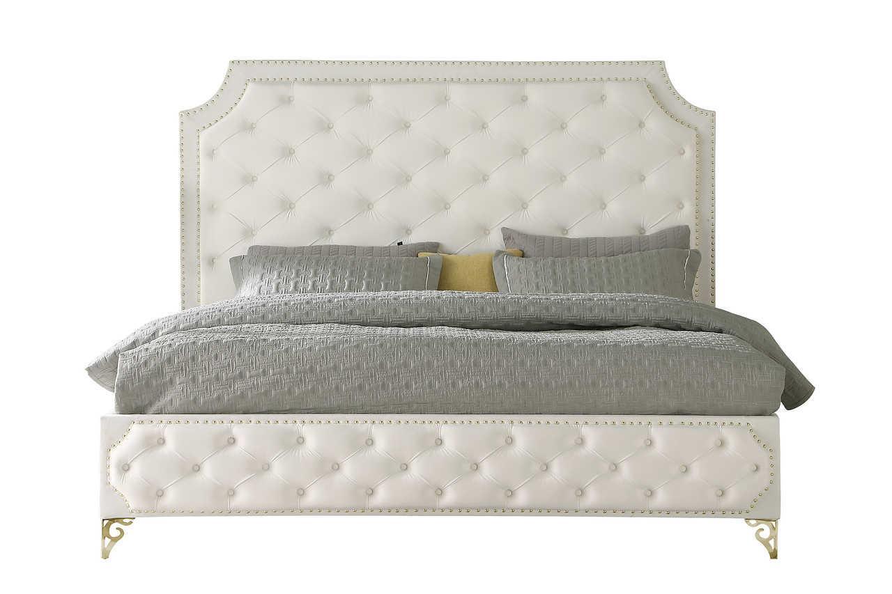 Leilah Cream Modern Contemporary Solid Wood Velvet Upholstered Tufted Platform King Bed - Ella Furniture