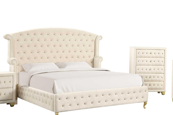 Olivia Beige Upholstered Tufted Wingback Platform King Bed