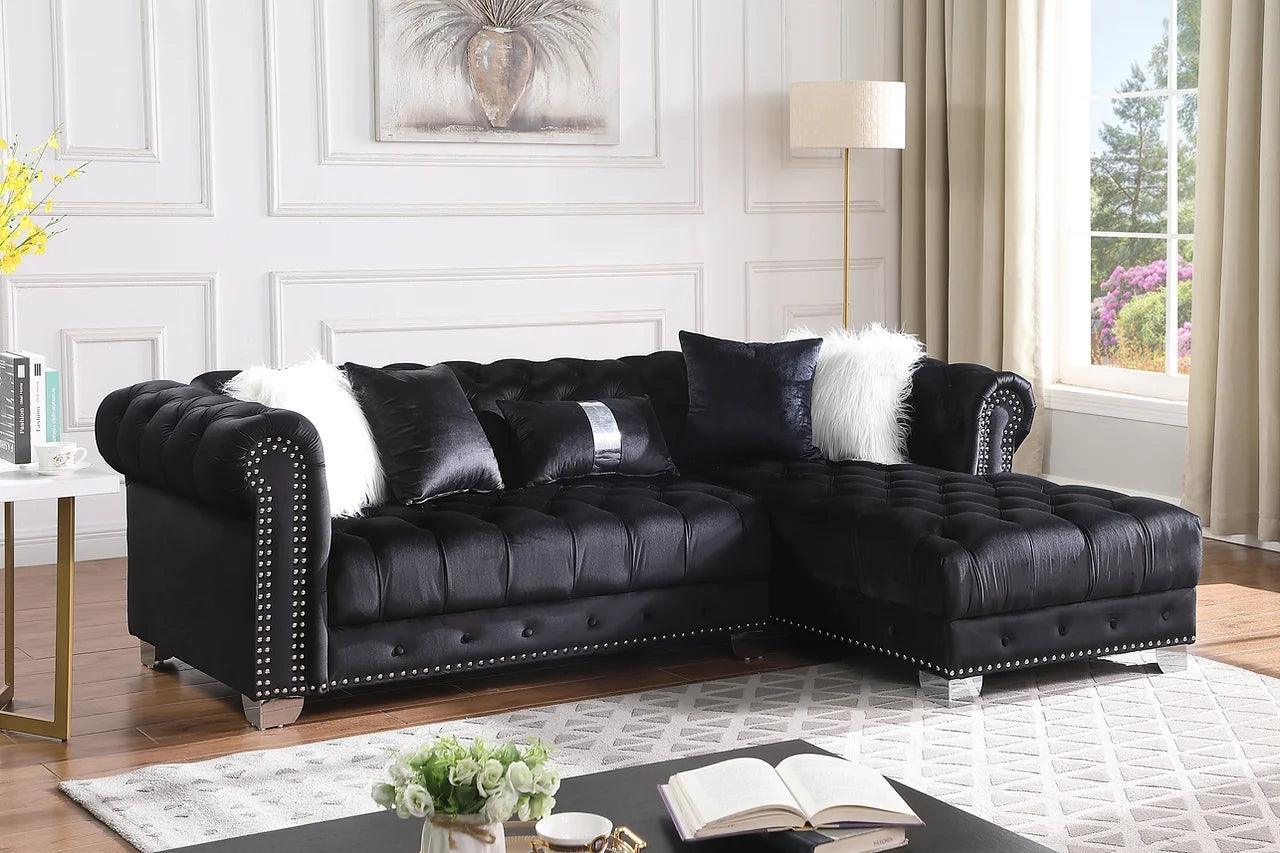 Yaz Black Modern Contemporary Wood, Engineered Wood Velvet Tufted Sectional - Ella Furniture
