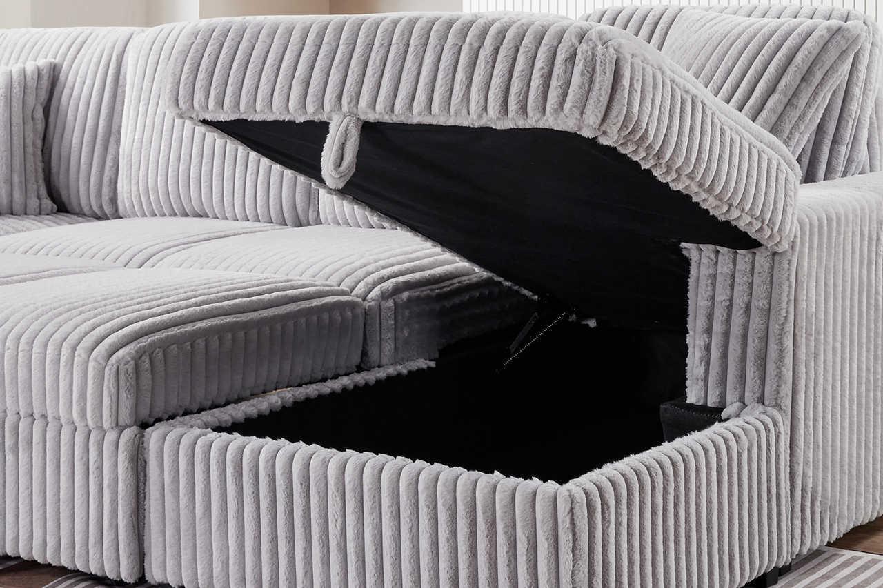 Raha Gray Soft Fabric Storage Sectional with Pull Out Bed