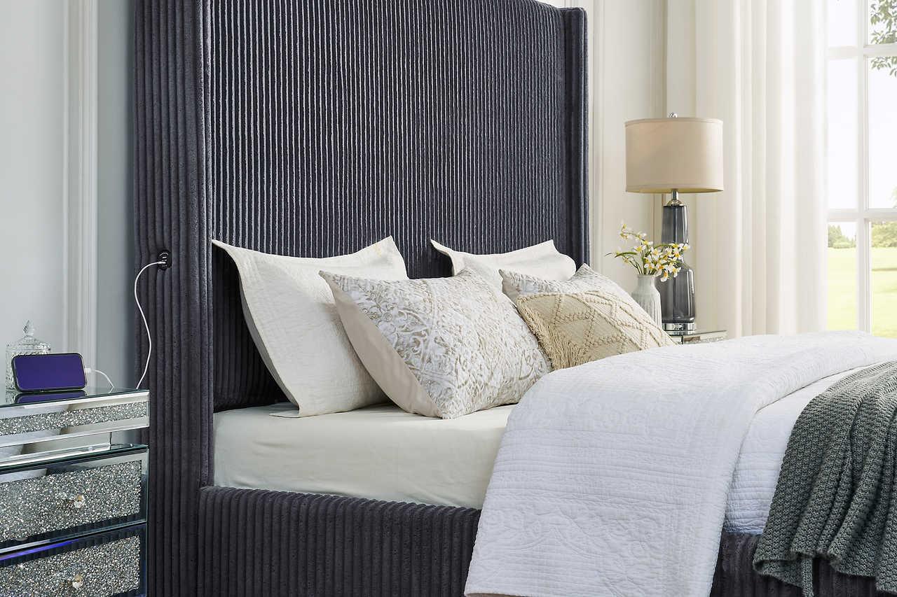 Belinda Grey LED Upholstered Platform Queen Bed