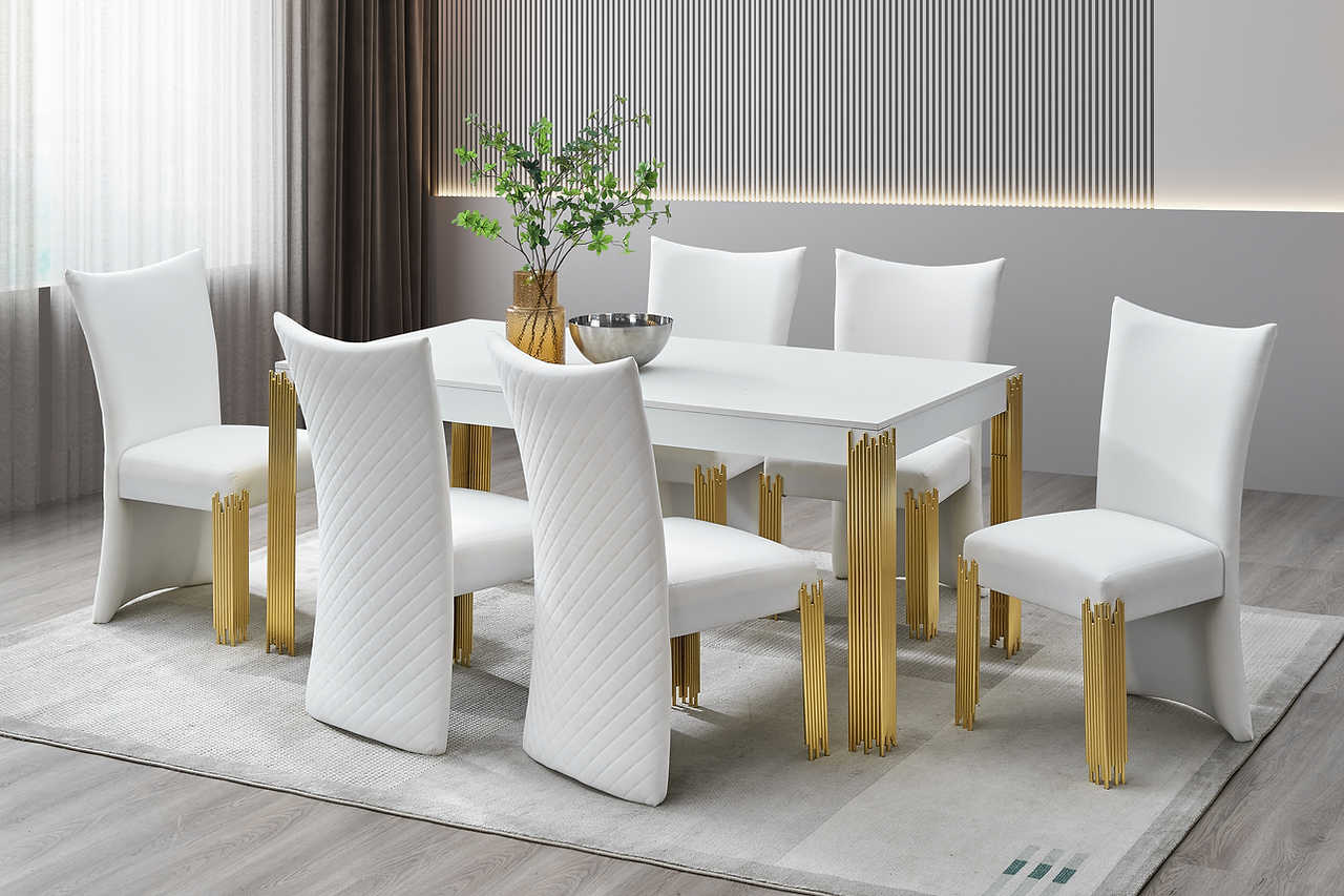 Glamor White Gold Velvet Dining Room Set