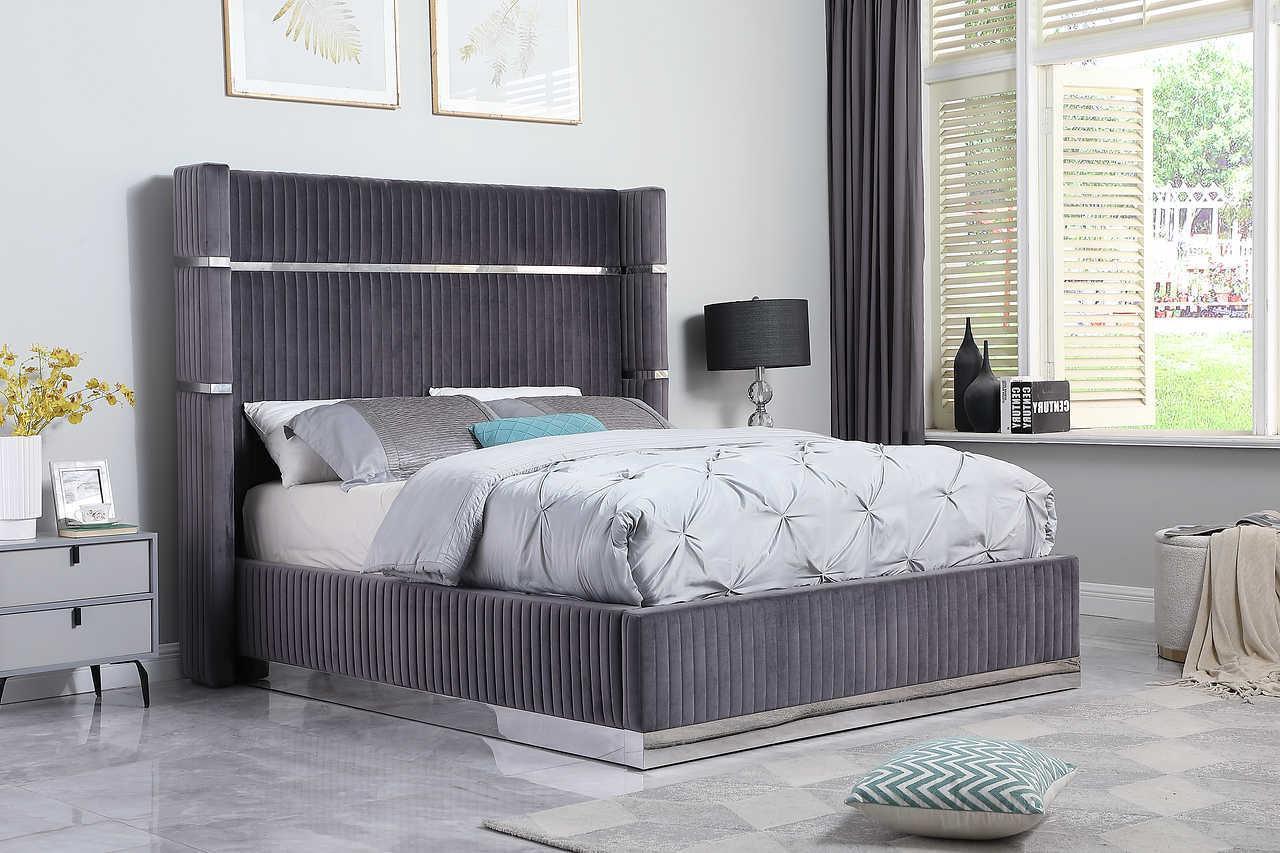 Aspen Gray Velvet Upholstered Platform King Bed