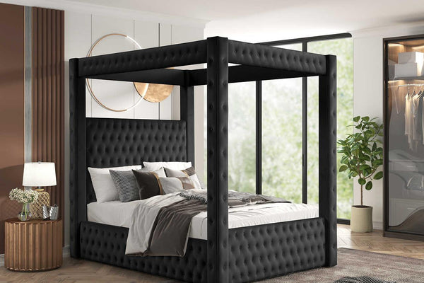 Mansion Black Upholstered Tufted Canopy Platform Queen Bed