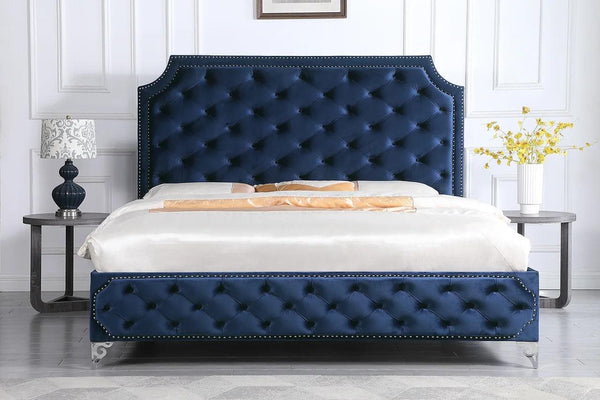 Leilah Blue Modern Contemporary Solid Wood Velvet Upholstered Tufted Platform Queen Bed - Ella Furniture