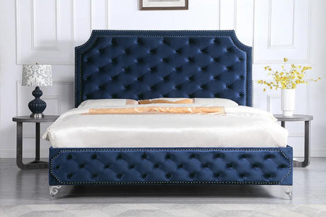 Leilah Blue Modern Contemporary Solid Wood Velvet Upholstered Tufted Platform King Bed - Ella Furniture