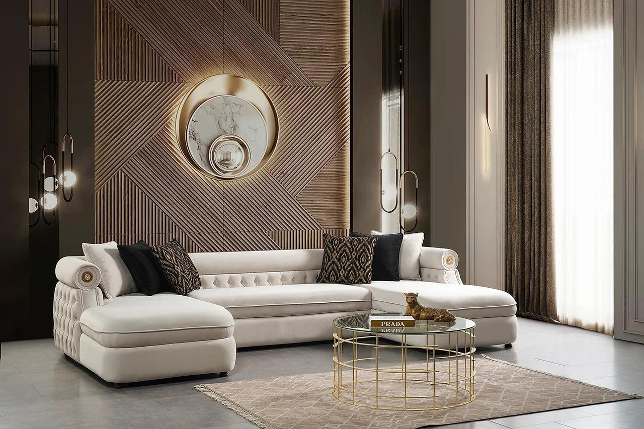 Brooklyn Cream Modern Contemporary Wood, Engineered Wood Fabric Tufted Sectional - Ella Furniture
