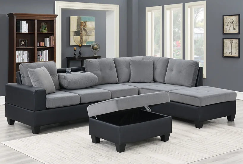 Grand Parkway Grey Velvet/Faux Leather Tufted 3Pcs Sectional With Storage Ottoman - Ella Furniture