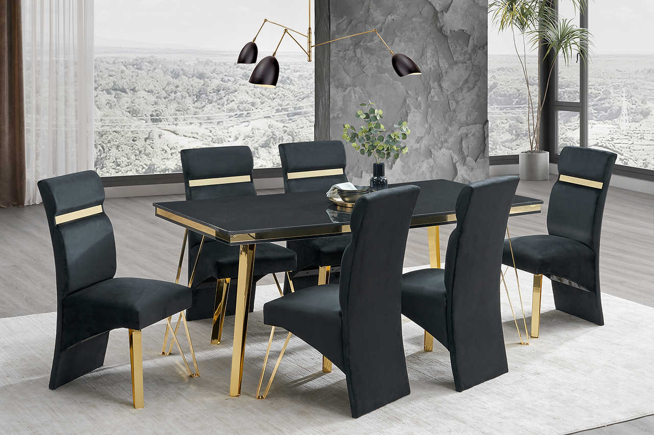Midnight Black Gold Upholstered Dining Room Set