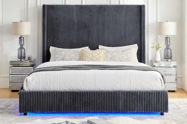Belinda Grey LED Upholstered Platform Queen Bed