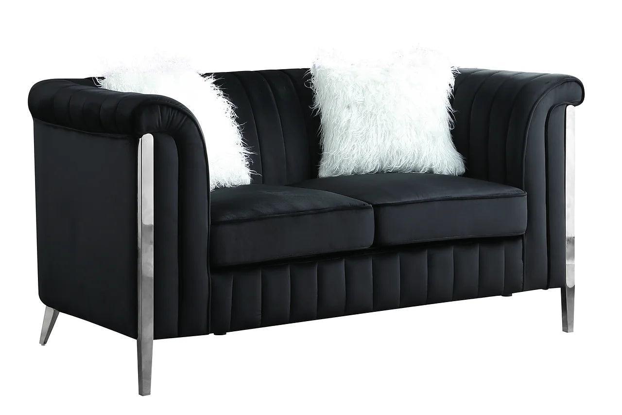 Fara Black With Silver Modern Contemporary Wood, Engineered Wood Velvet Sofa&Loveseat - Ella Furniture