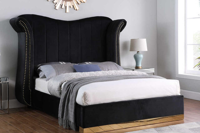 Luna Black/Gold 66"H Modern Contemporary Solid Wood Velvet Upholstered King Bed - Ella Furniture