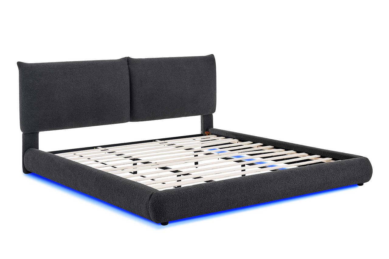 Zima Grey LED Upholstered Platform Queen Bed