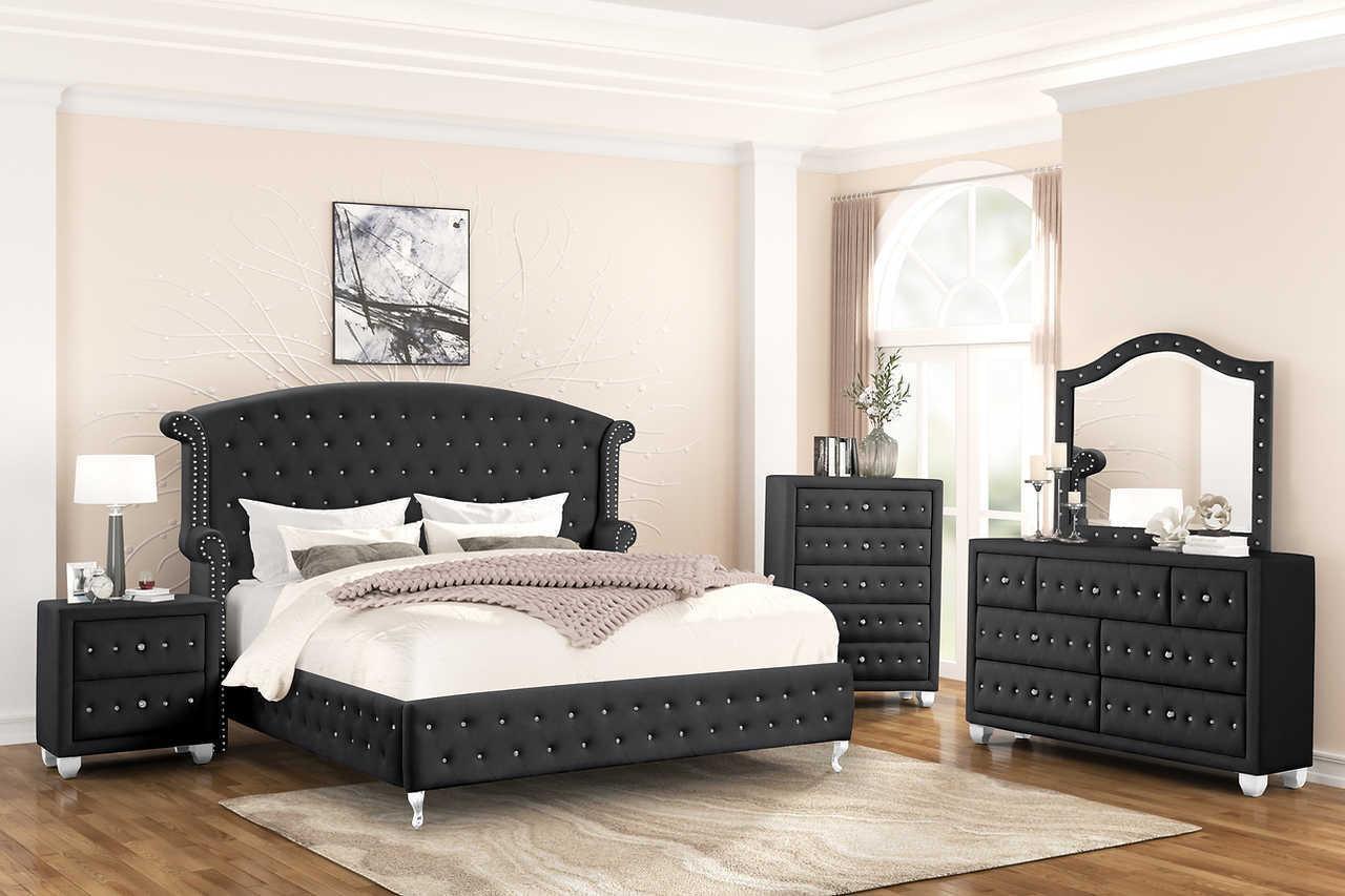 Olivia Black Velvet Tufted Wingback Platform Bedroom Set
