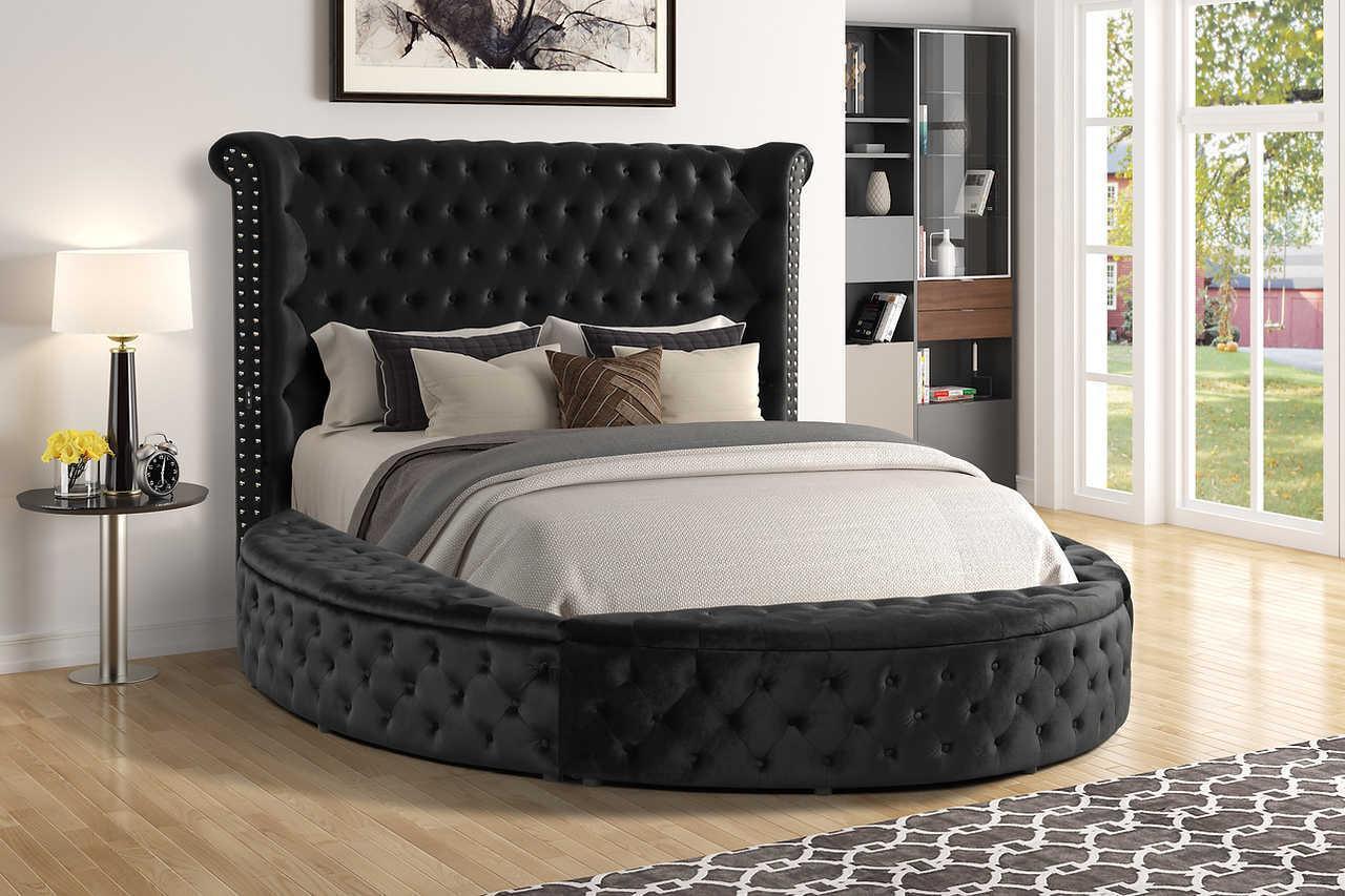 Lux II Black Velvet Upholstered USB Platform Queen Bed