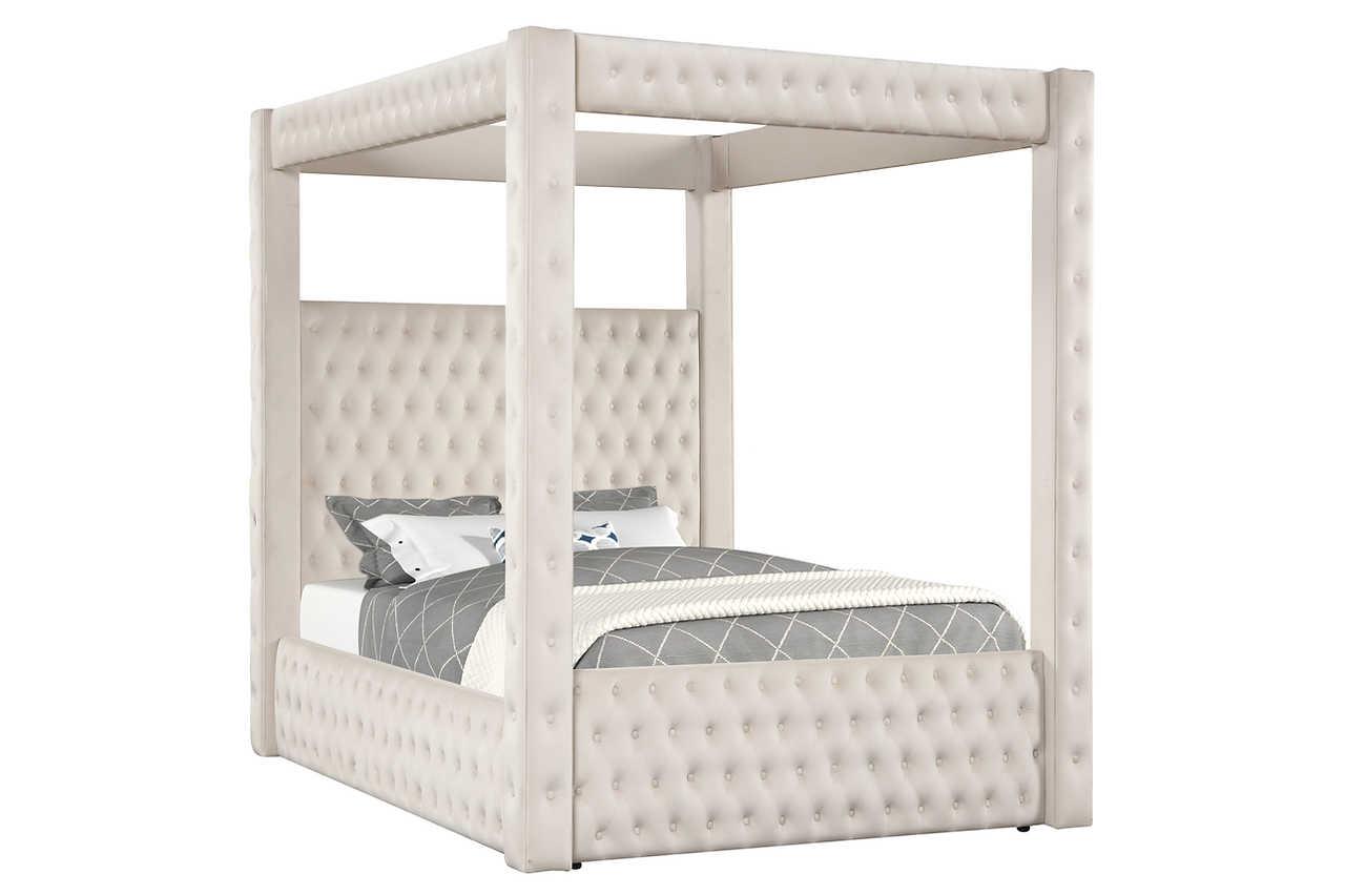 Mansion Beige Upholstered Tufted Canopy Platform King Bed