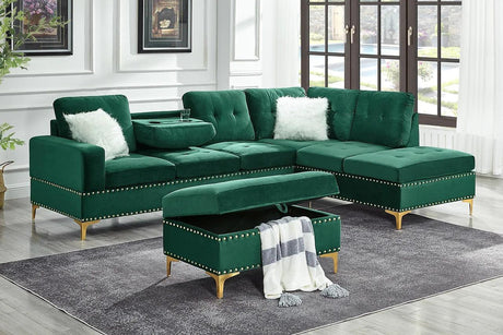 Joy Green Modern Velvet Upholstered Tufted Drop-down Storage Sectional with Ottoman - Ella Furniture