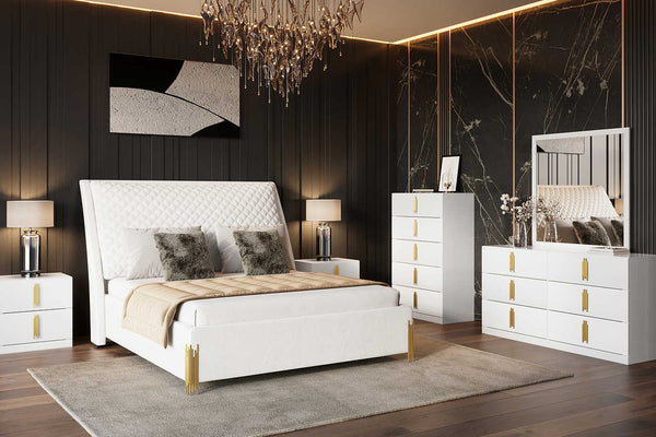 Glamor White Velvet Upholstered Sleigh Panel Bedroom Set