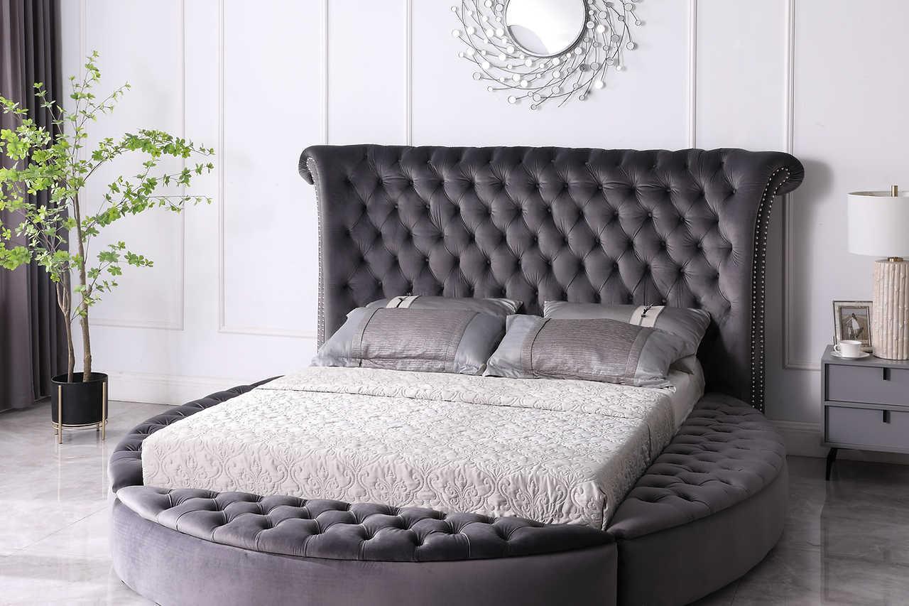 Lux Grey Modern Contemporary Solid Wood Velvet Upholstered Tufted Storage King Bed - Ella Furniture