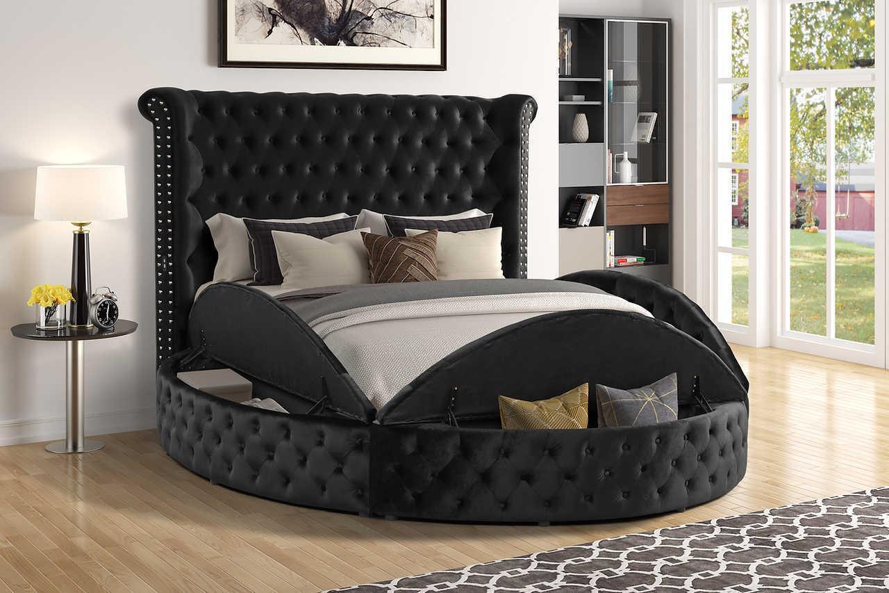 Lux II Black Velvet Upholstered USB Platform Queen Bed