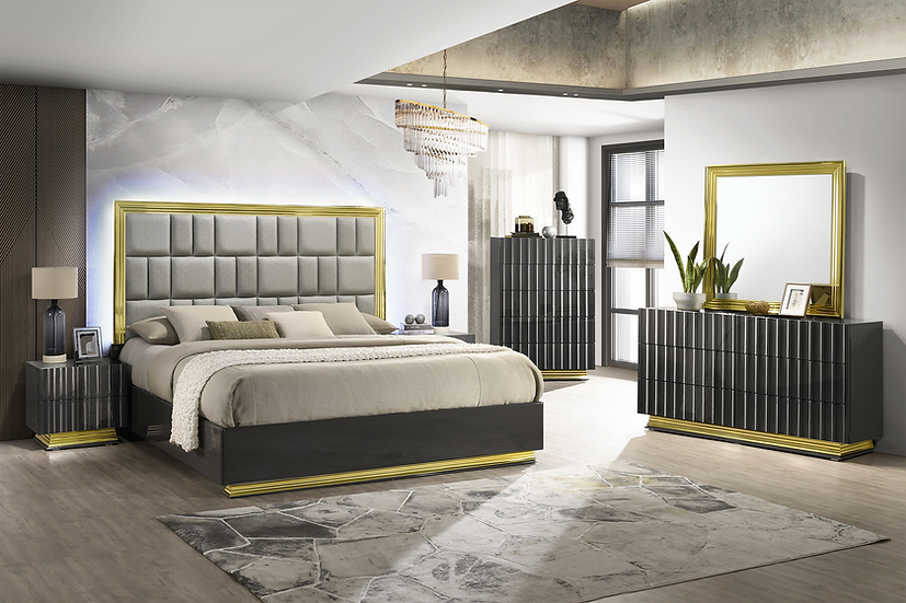 Mona Grey Gold Upholstered Platform Bedroom Set