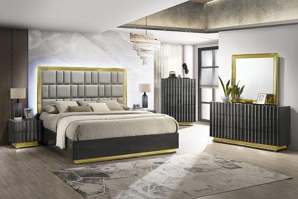 Mona Grey Gold Upholstered Platform Bedroom Set
