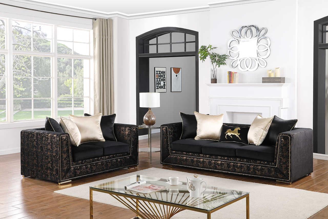 Konya Black Gold Velvet Living Room Set