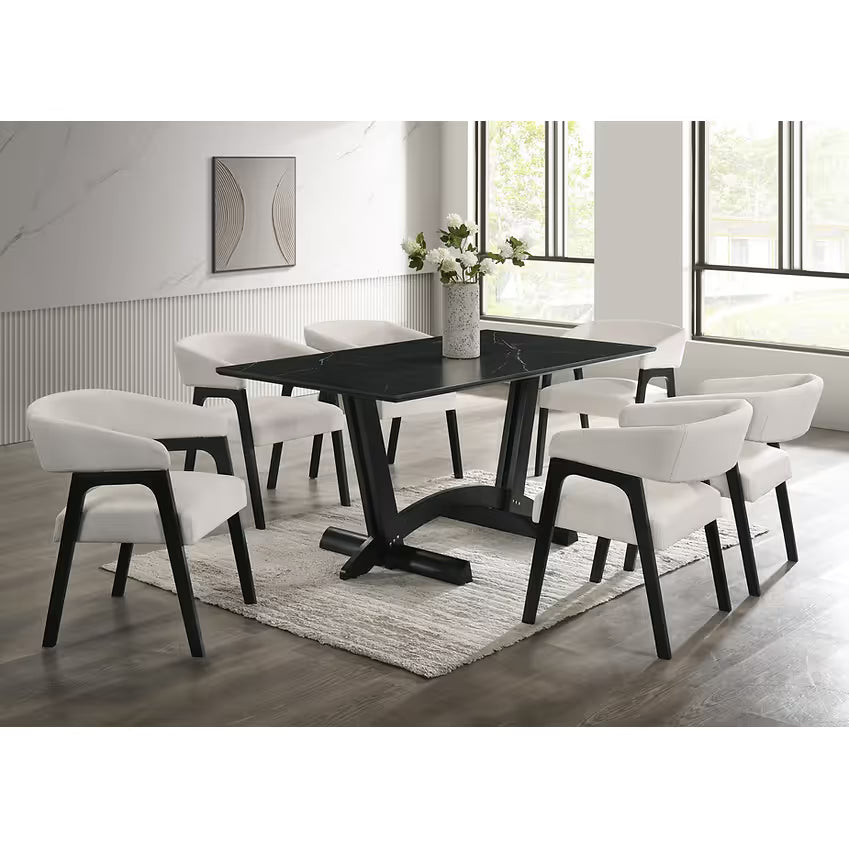 Nava Black Porcelain Dining Collection with Beige Teddy Fabric Chairs view 2