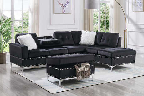 Joy Black Modern Velvet Upholstered Tufted Drop-down Storage Sectional with Ottoman - Ella Furniture