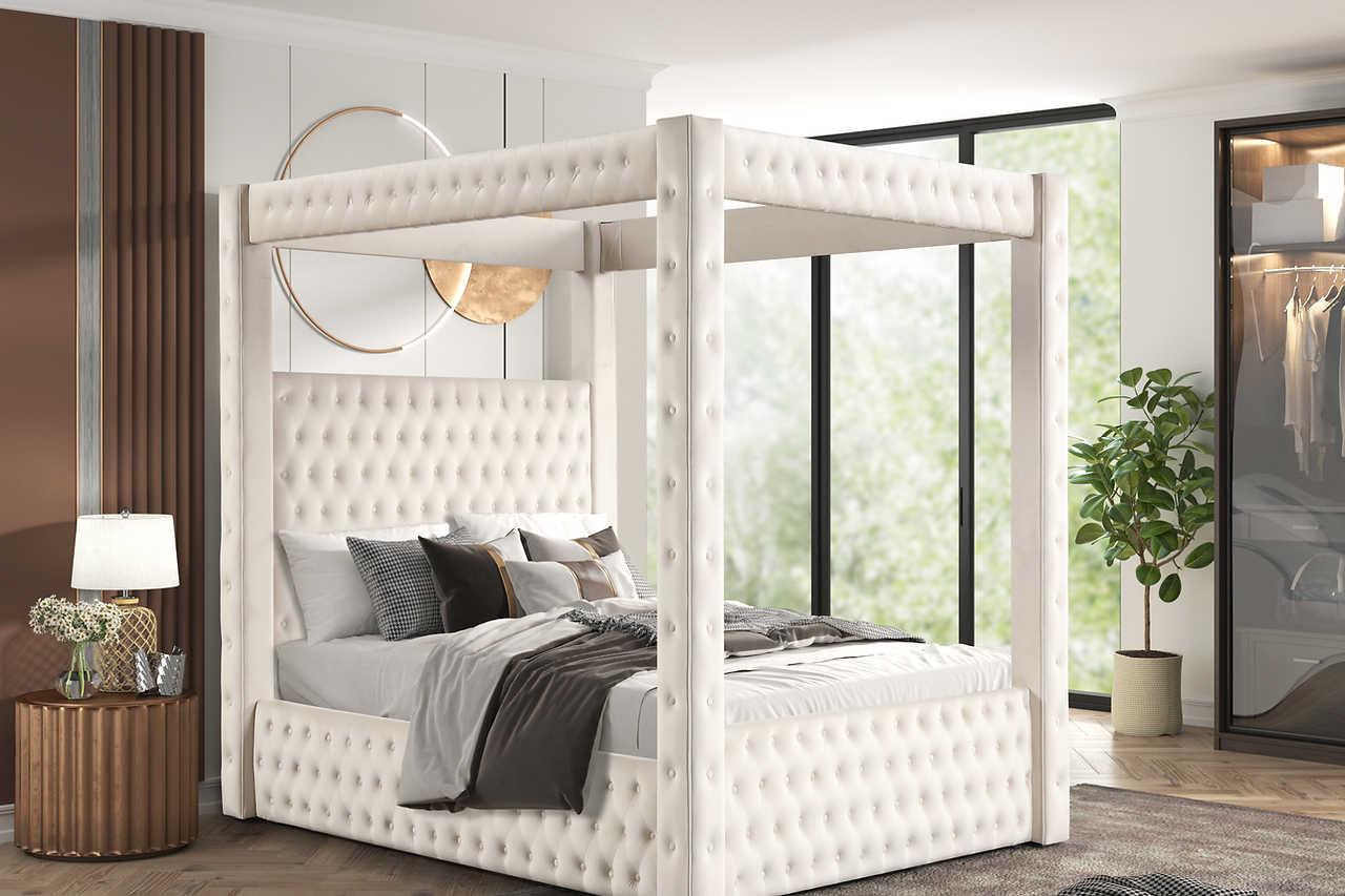 Mansion Beige Upholstered Tufted Canopy Platform King Bed