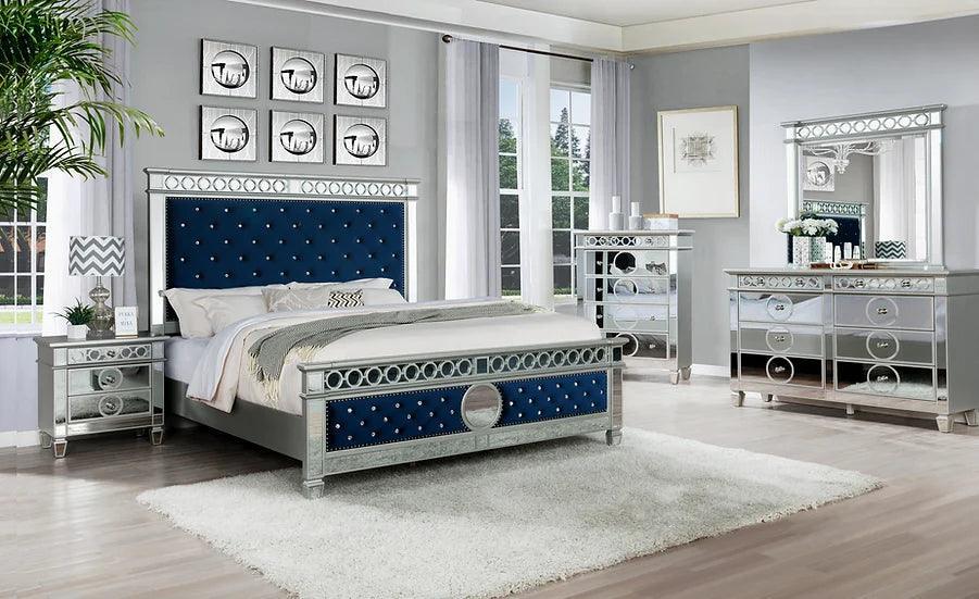 Bell Silver And Navy Blue Contemporary Velvet Upholstered Tufted Panel Bedroom Set - Ella Furniture