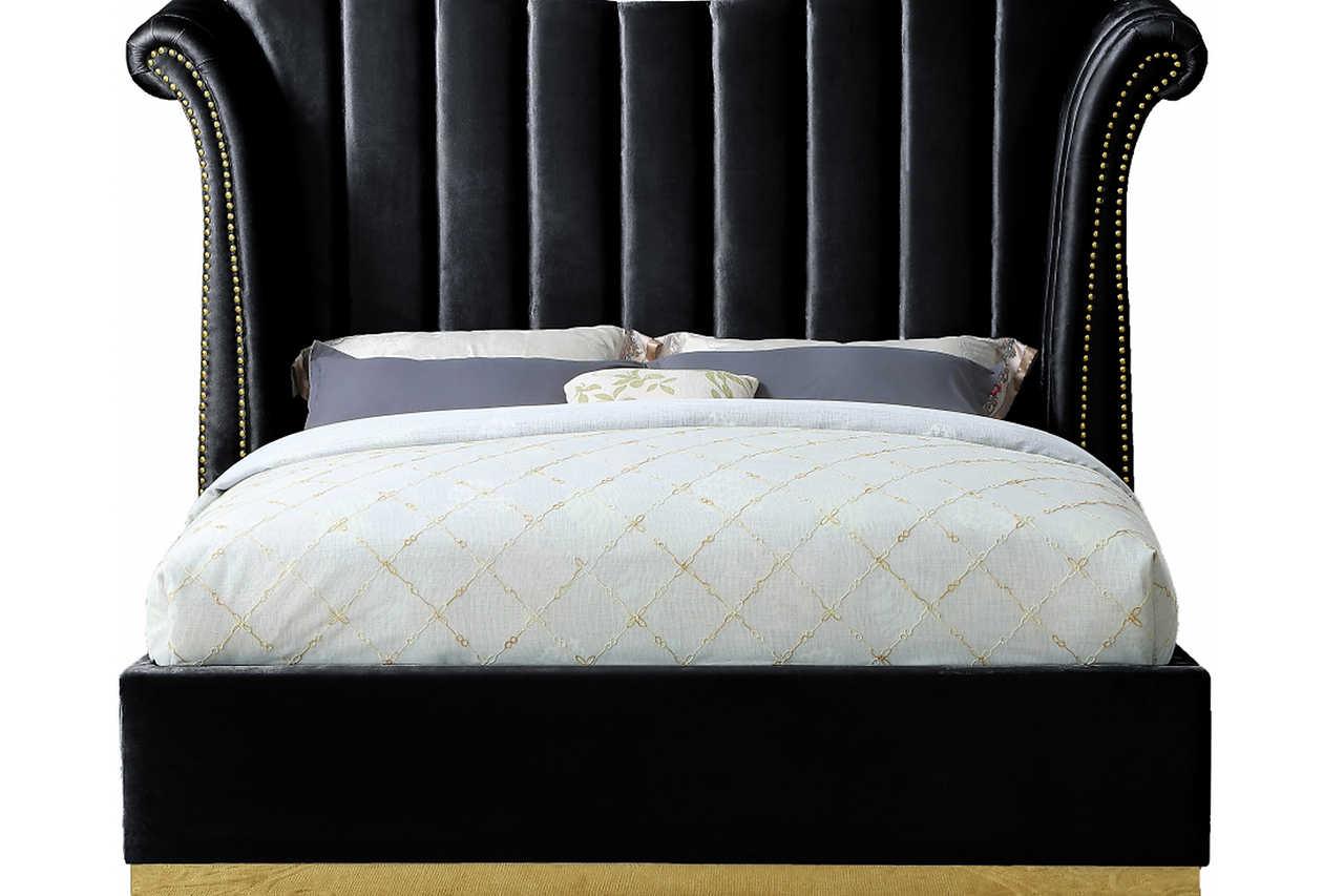 Luna Black/Gold 66"H Modern Contemporary Solid Wood Velvet Upholstered King Bed - Ella Furniture