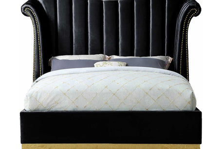 Luna Black/Gold 66"H Modern Contemporary Solid Wood Velvet Upholstered King Bed - Ella Furniture