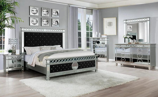 Bell Black And Silver Contemporary Velvet Upholstered Tufted Panel Bedroom Set - Ella Furniture