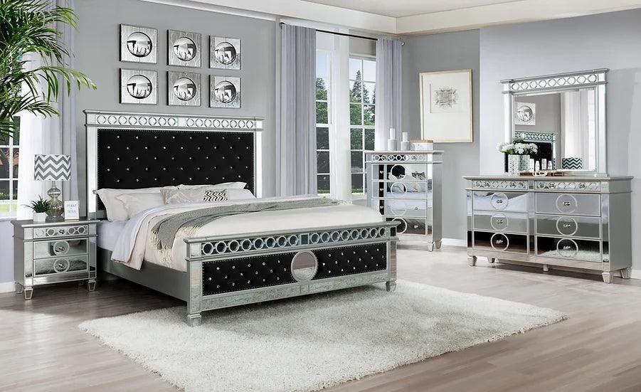 Bell Black And Silver Contemporary Velvet Upholstered Tufted Panel Bedroom Set - Ella Furniture